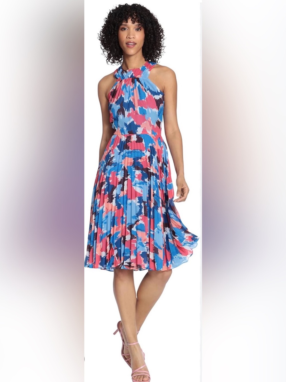 Maggy London Halter Pleated Midi Dress in Blue and Pink Print